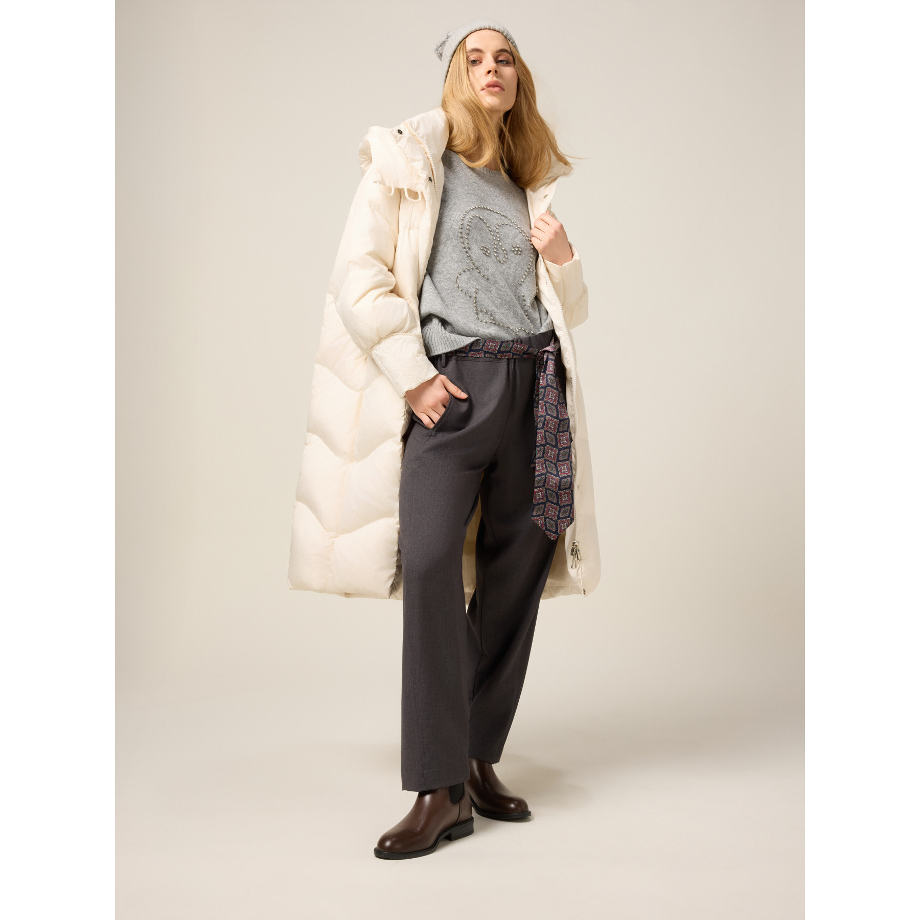 Oltre - Pantalones con cinturón de corbata - Gris