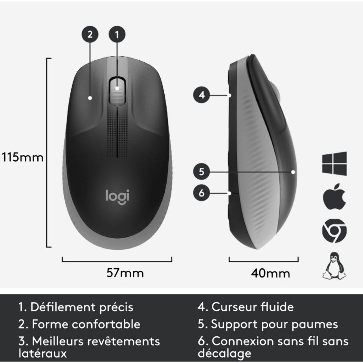 Souris sans fil LOGITECH Ambidextre M190 Mid Grey