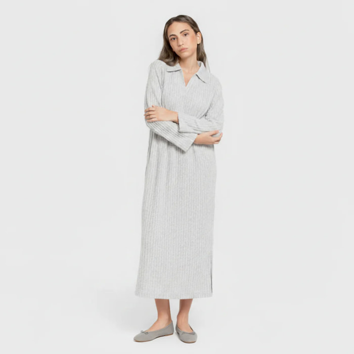 Vestido largo manga larga solapa 4x2 canalé mujer gris