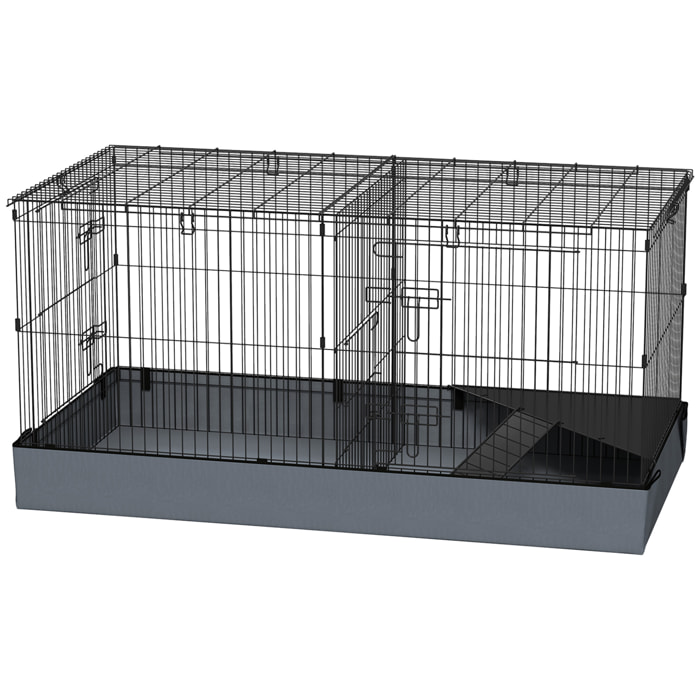 Cage pour cochon d'inde avec séparation 2 zones - plateforme observation, rampe, portes - acier noir PVC tissu gris