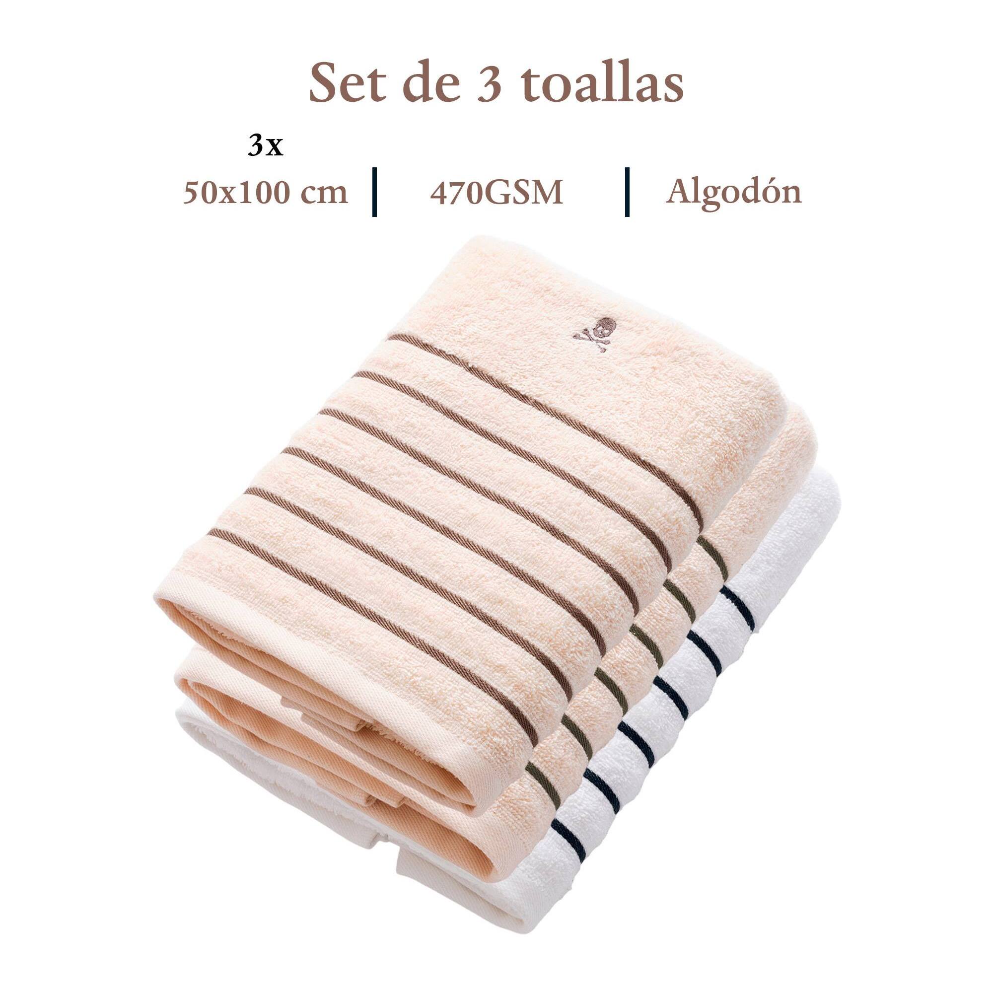 Set de 3 toallas de lavabo (100x50), 100% algodón, 470 gsm, en colores blanco y beige con raya en verde y en marrón, scalpers home