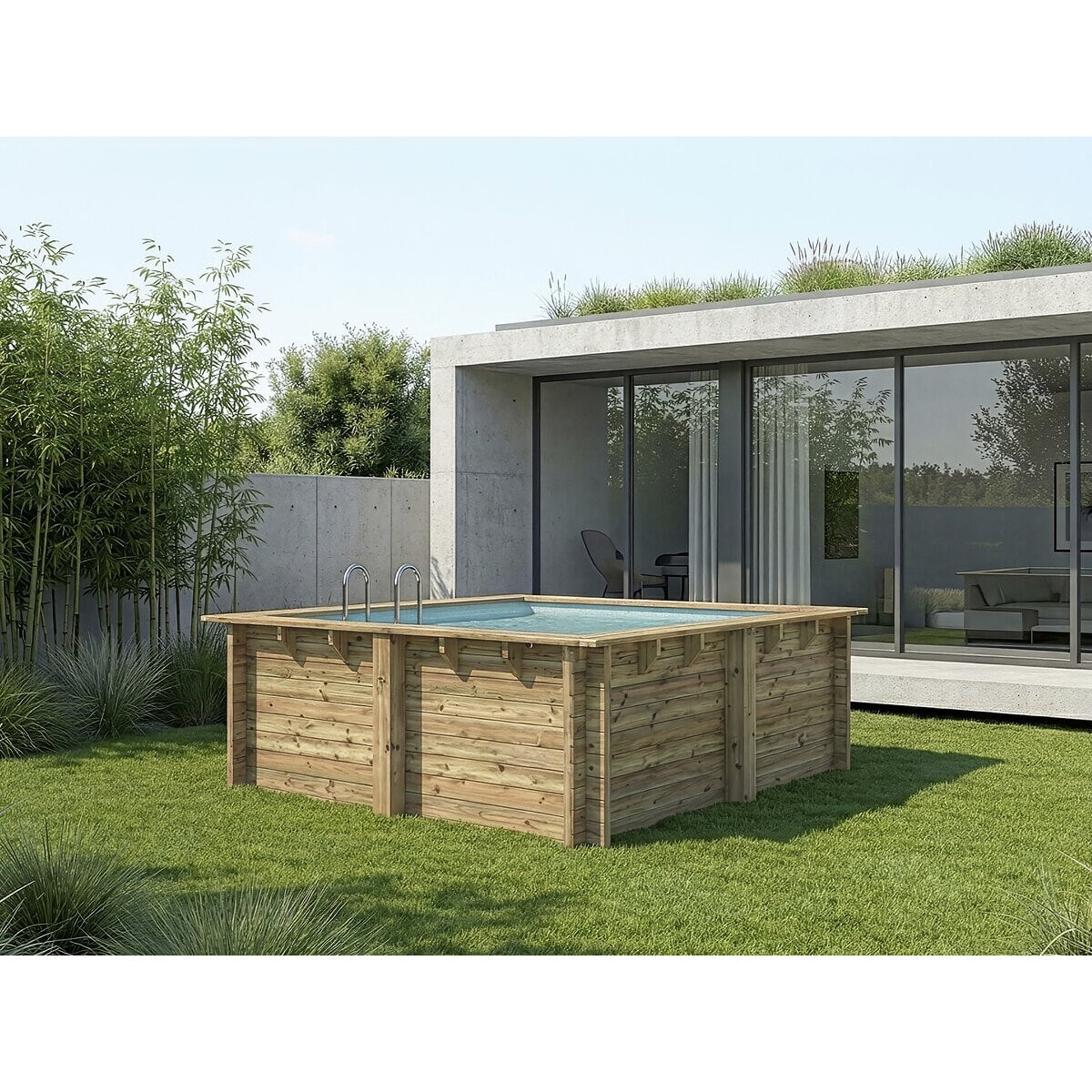 Piscine bois rectangle " Maldives  " - 3.20 x 3.20 x 1.24  m + Bâche à bulles 180 µ - Bâche hiver 280 g/m²