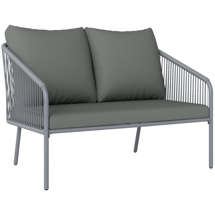 Canapé de jardin 2 places style bohème chic avec coussins assise dossier acier résine filaire gris