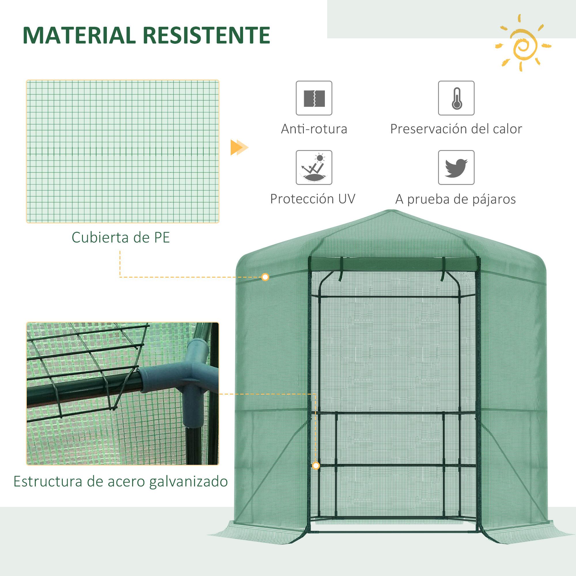 Invernadero de Jardín Hexágono 194x194x215 cm con 6 Estantes Acero Galvanizado