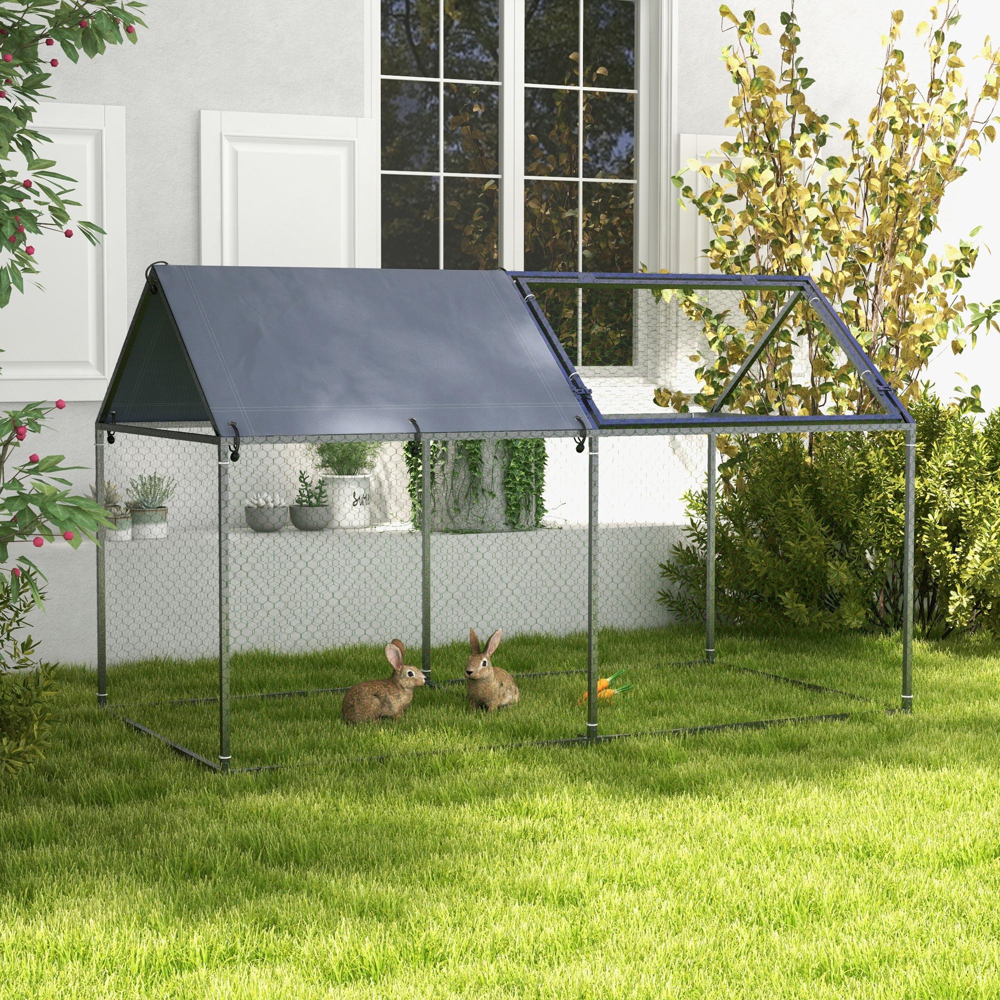 Jaula para Animales Pequeños Parque para Mascotas de Acero con 1 Puerta Superior y 1 Tela Superior de Anti-UV para Exterior Jardín 198x100x120 cm Plata