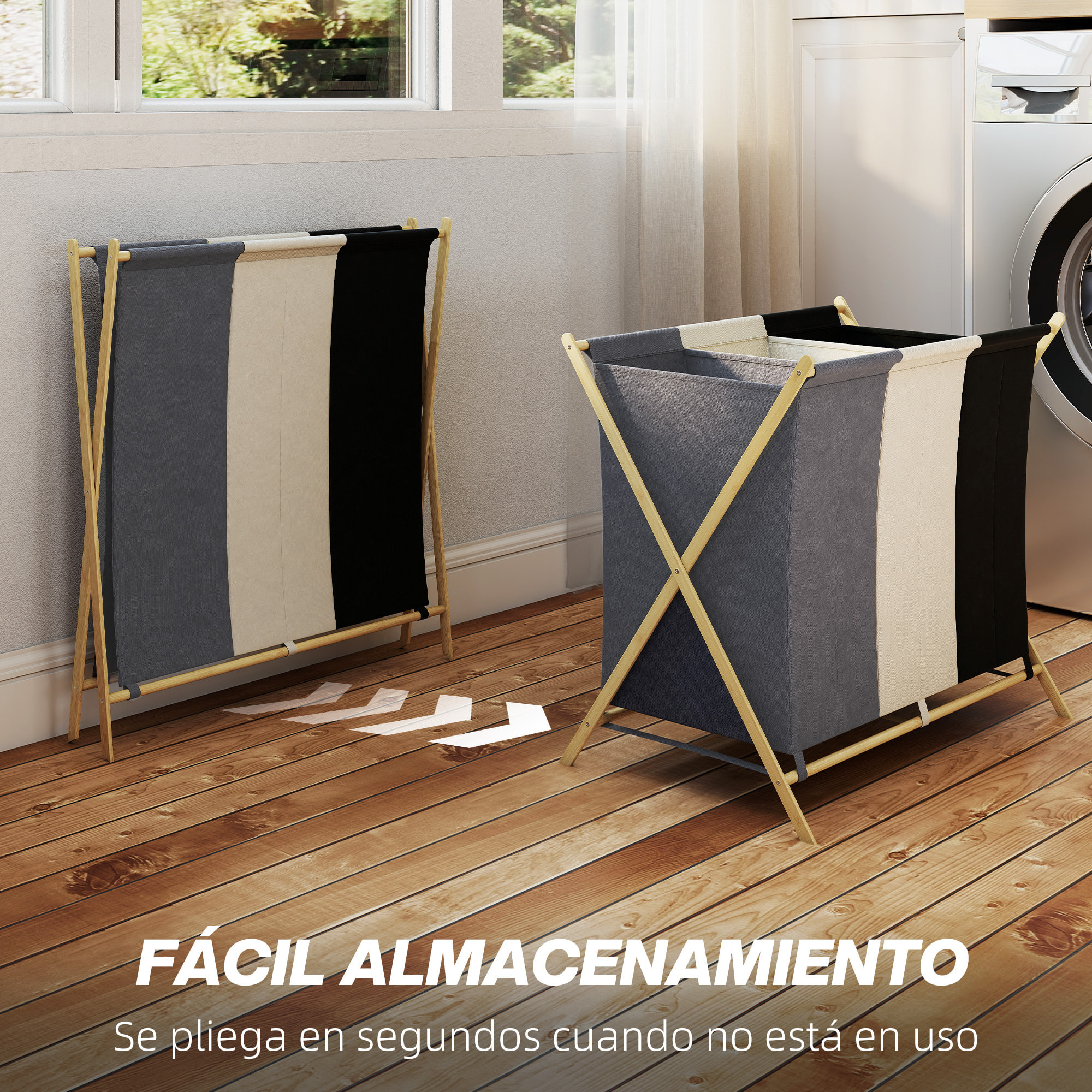 Cesto para Ropa Sucia Plegable con 3 Compartimentos Capacidad de 129L Cesta para la Colada con Estructura Forma de X de Bambú y Bolsas Extraíbles 75x48x67 cm Multicolor