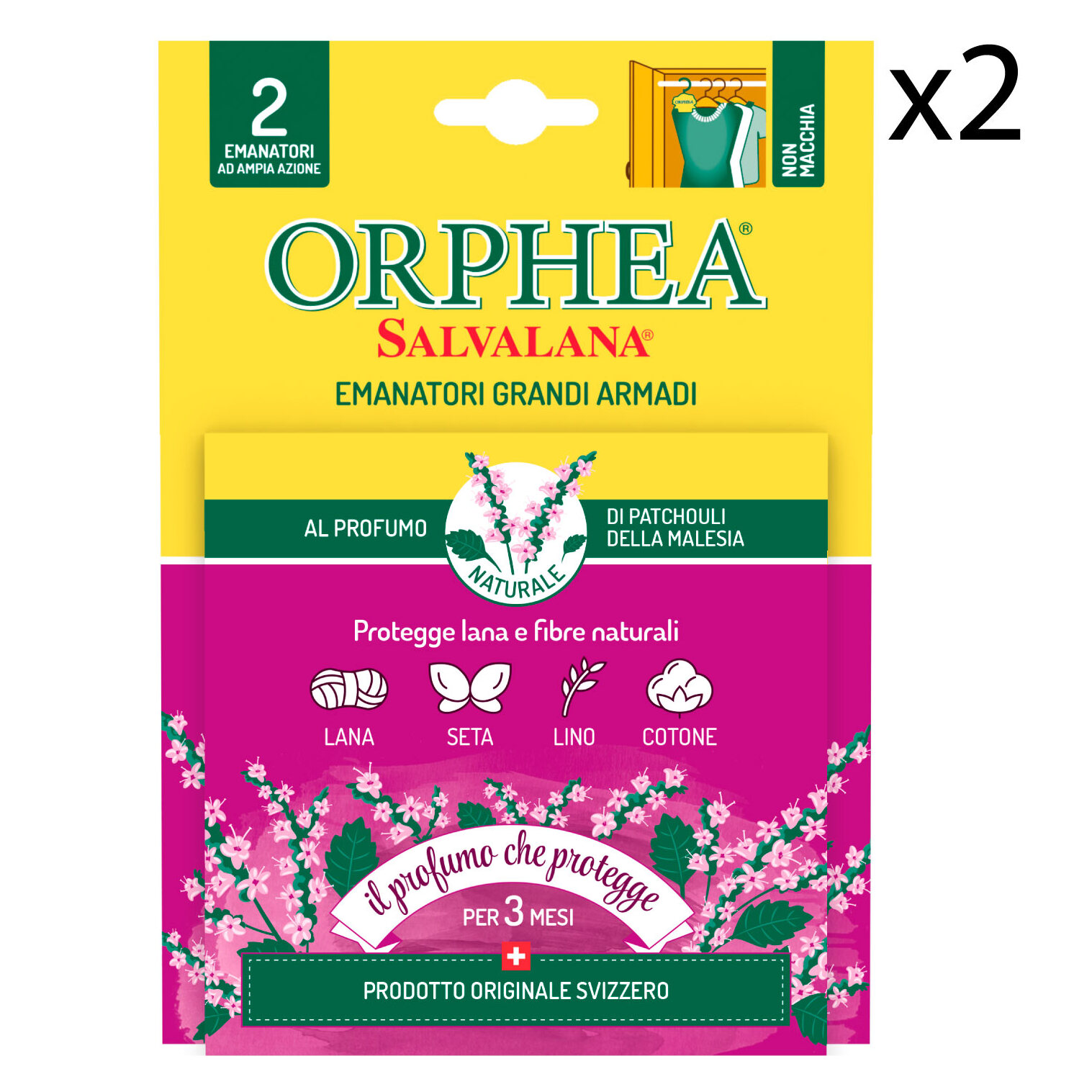 2x Orphea Salvalana Emanatori Grandi Armadi Protegge Lana e Fibre Naturali Patchouli - 2 Confezioni da 2 Emanatori