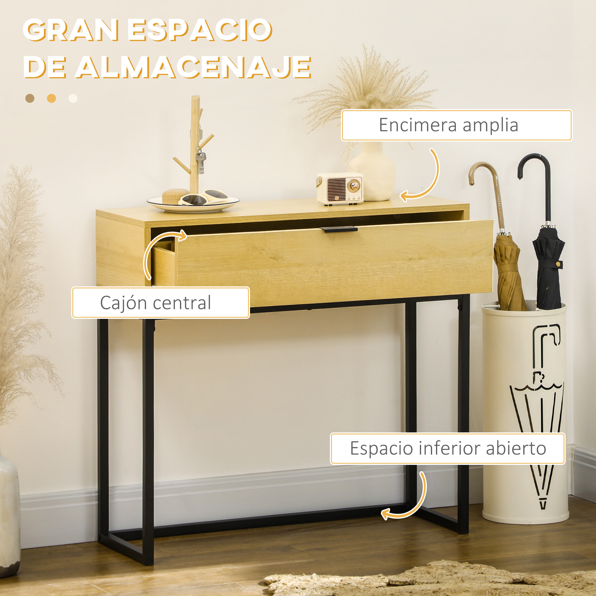 Mesa Consola con Cajón Consola Auxiliar Moderna Mesa de Entrada con Patas de Acero para Pasillo Salón Dormitorio 80x30x76 cm Natural