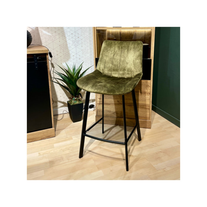 Tabouret de bar rembourré et capitonné en velours vert kaki EMMA 2