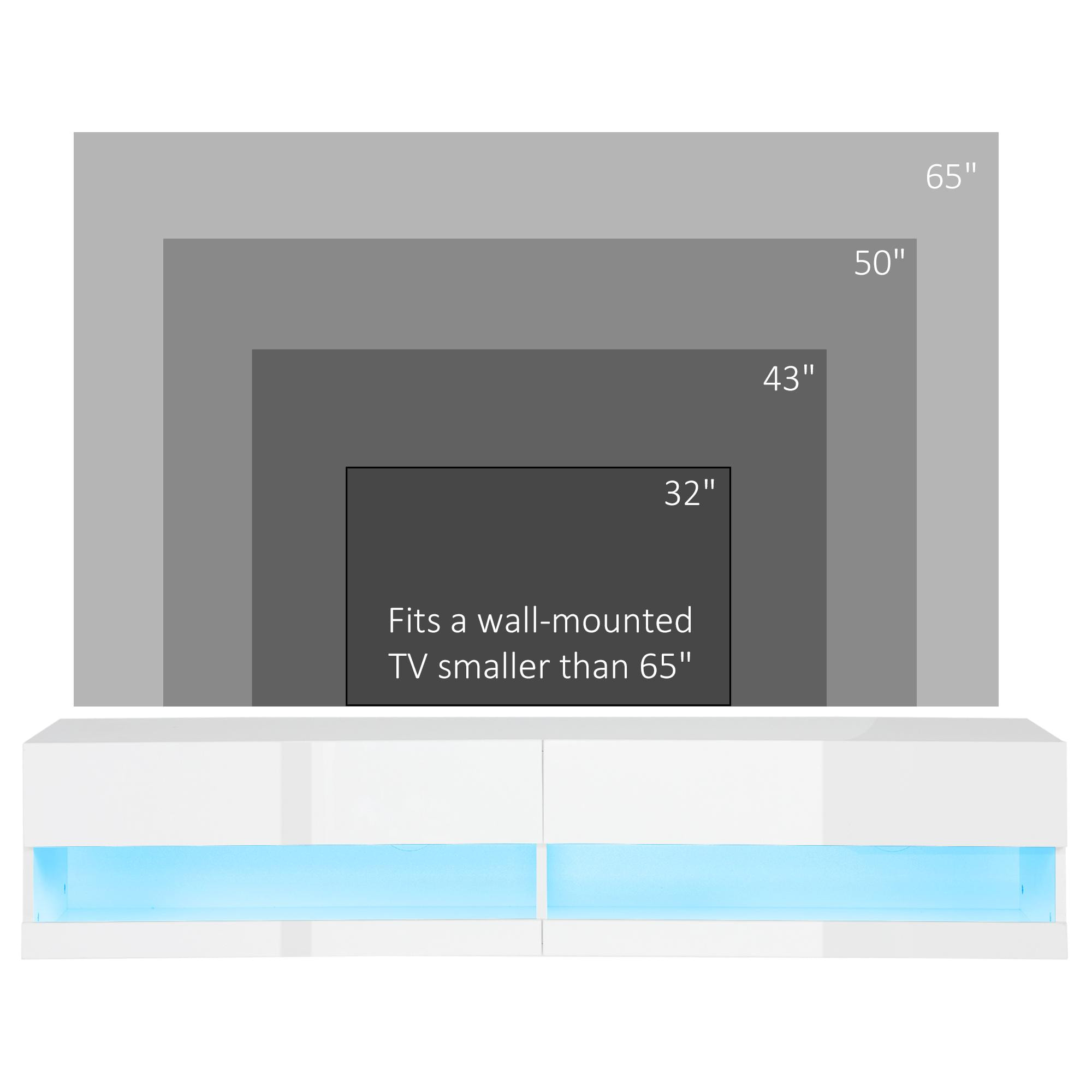 Meuble TV mural LED - banc TV flottant - 2 portes battantes - dim. 150L x 40l x 30H cm - blanc laqué
