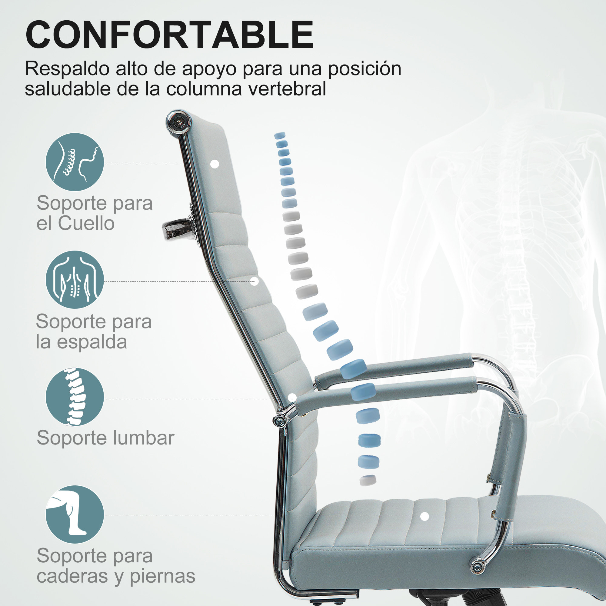 Silla de Escritorio Giratoria Silla de Oficina con Respaldo Alto Altura Ajustable Función Basculante y Reposabrazos Tapizado en Cuero Sintético Gris Claro