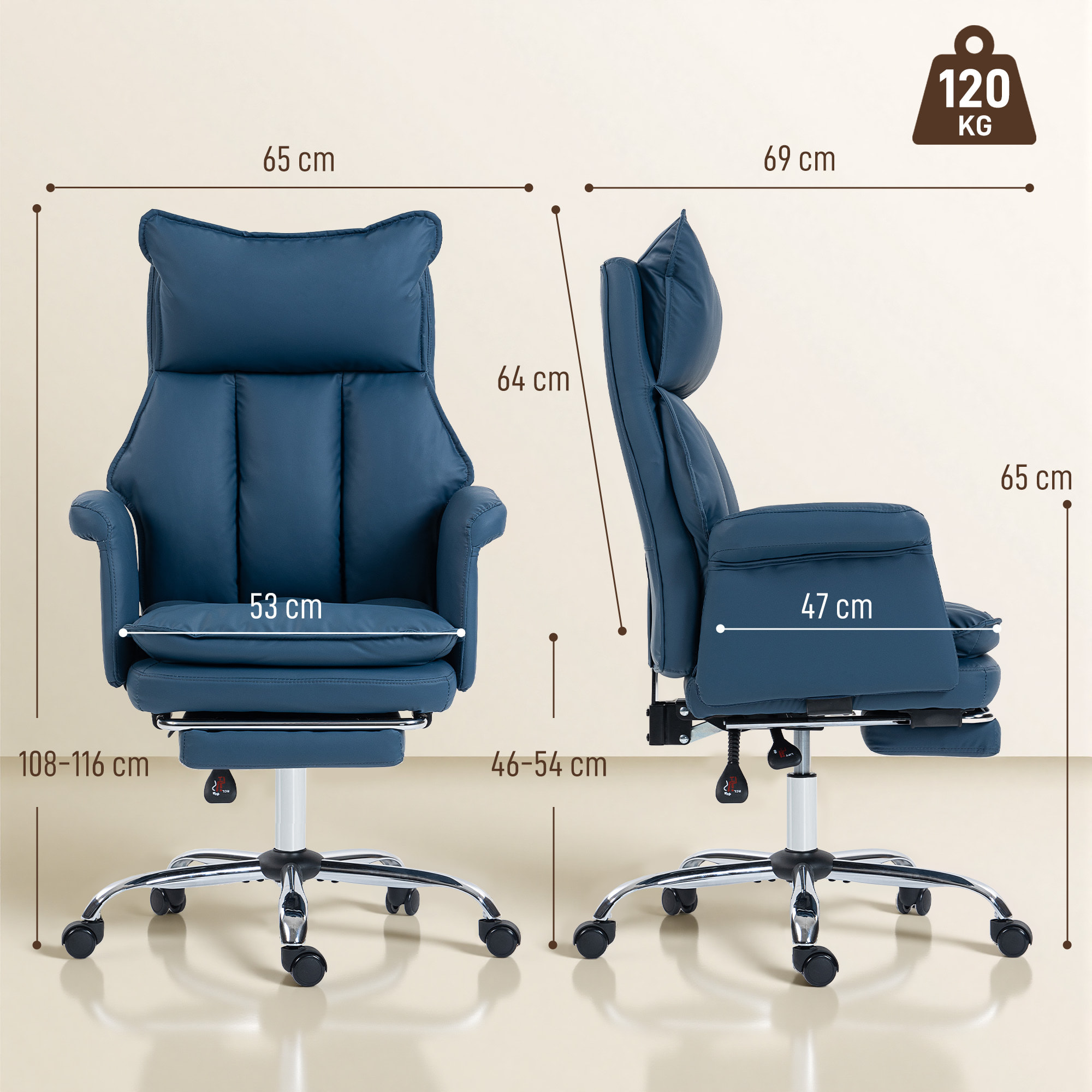 Silla de Escritorio con Reposapiés, Silla de Oficina Giratoria, con Respaldo Reclinable y Alto, Acolchado Grueso, Tapizada en Cuero Sintético, Soporte Lumbar, Altura Ajustable, Ruedas, Azul