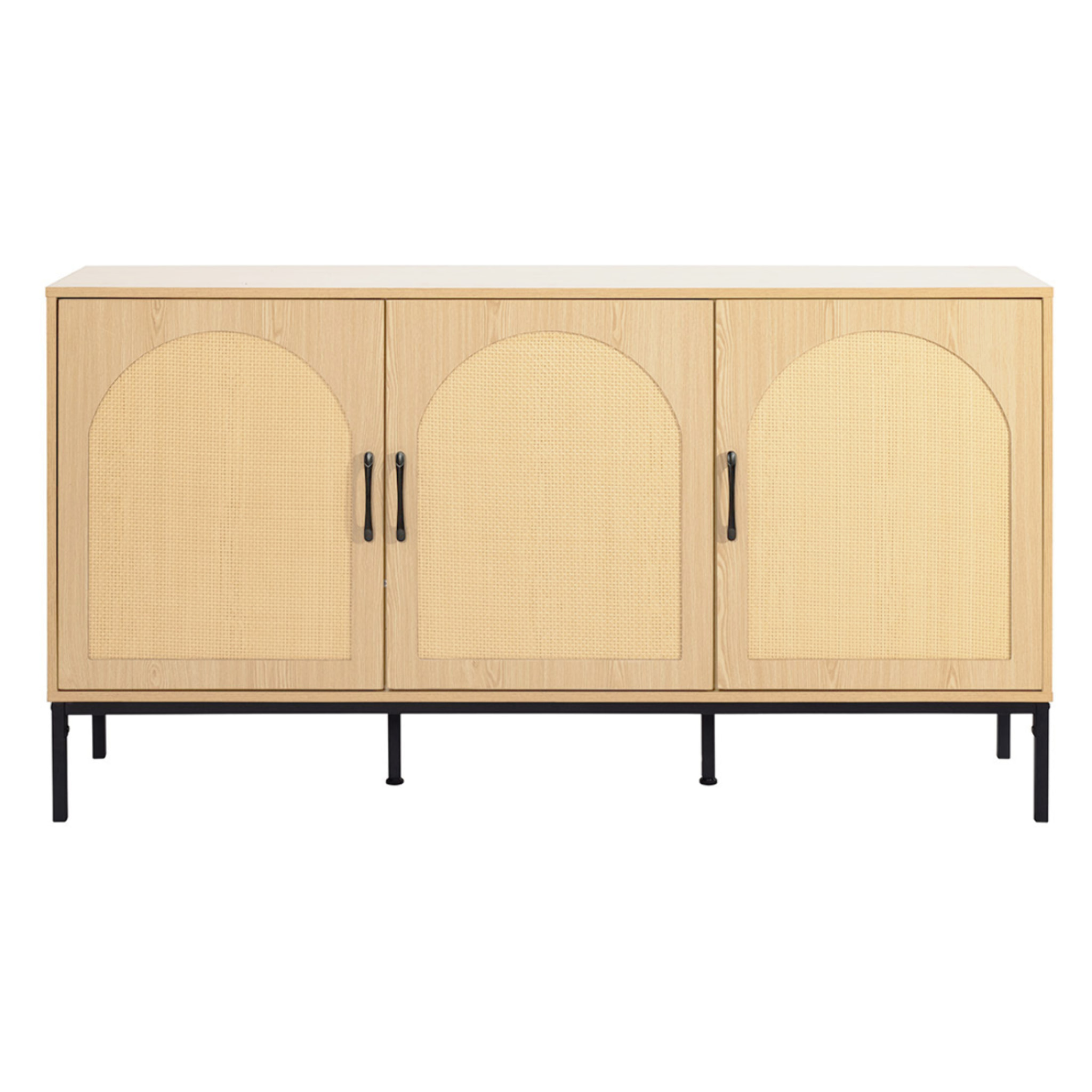 Nagato - buffet bas - cannage et effet bois - 3 portes - 150 cm - Bois / Noir