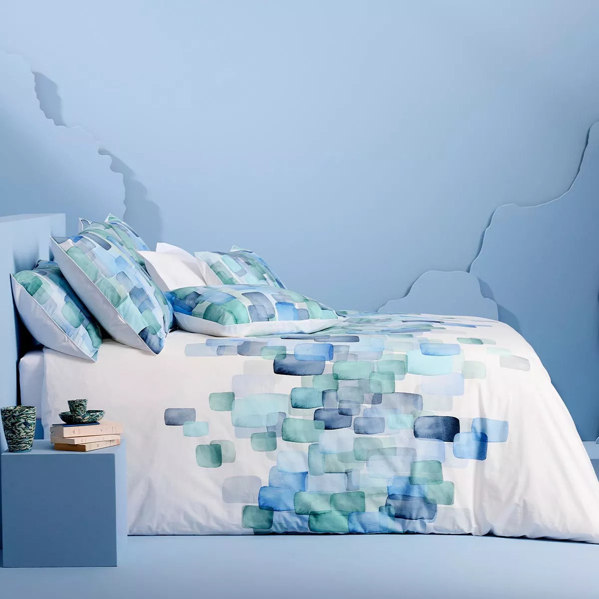 Lot de 2 taies percale de coton 115 g/m² imprimé bleu vert Ondine mineral