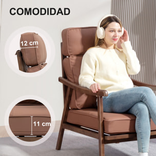 Butaca de Salón Sillón de Salón Tapizado en PU con Marco de Madera Cojines Acolchados Gruesos Respaldo Alto Carga 150 kg Sillón Lectura para Sala de Estar Dormitorio Marrón y Madera Nogal