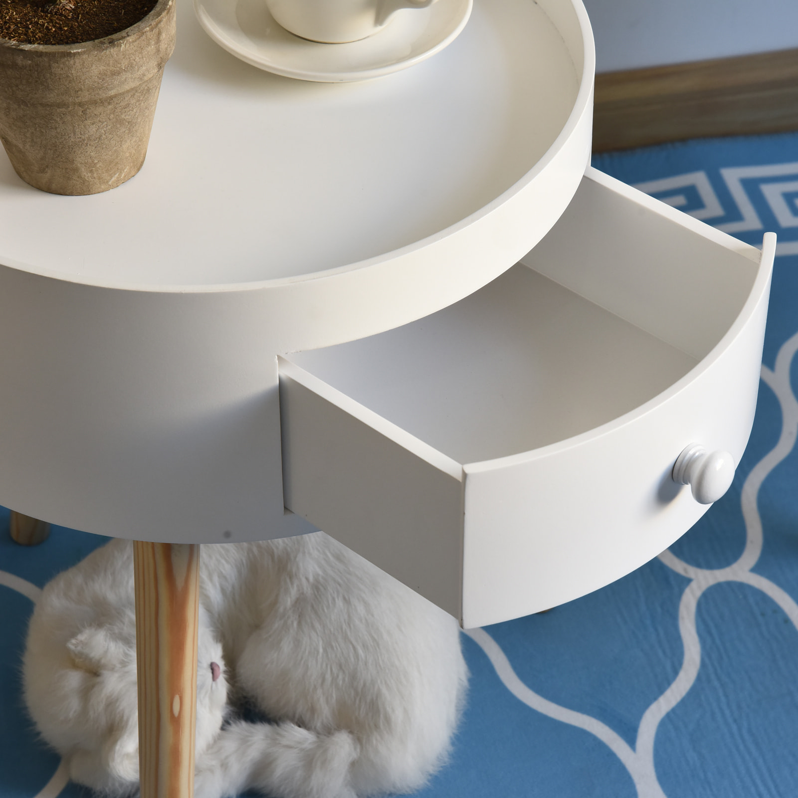 Chevet table de nuit ronde design scandinave tiroir bicolore pieds effilés inclinés bois massif chêne clair blanc