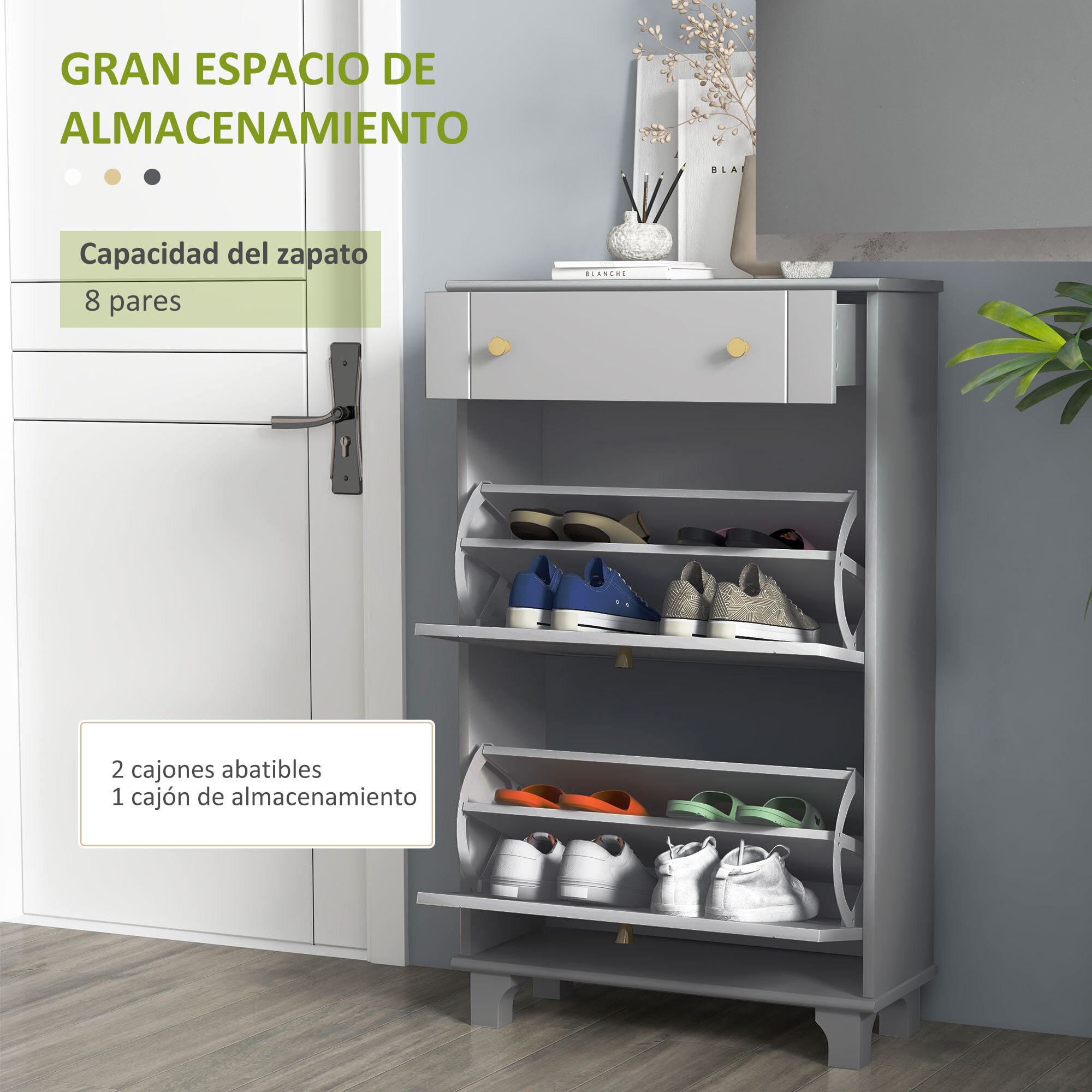 Mueble Zapatero Estrecho Zapatero Entrada Recibidor con 2 Cajones Abatibles y 1 Cajón Extraíble para 8 Pares de Zapatos para Pasillo 60x23,5x98,5 cm Gris