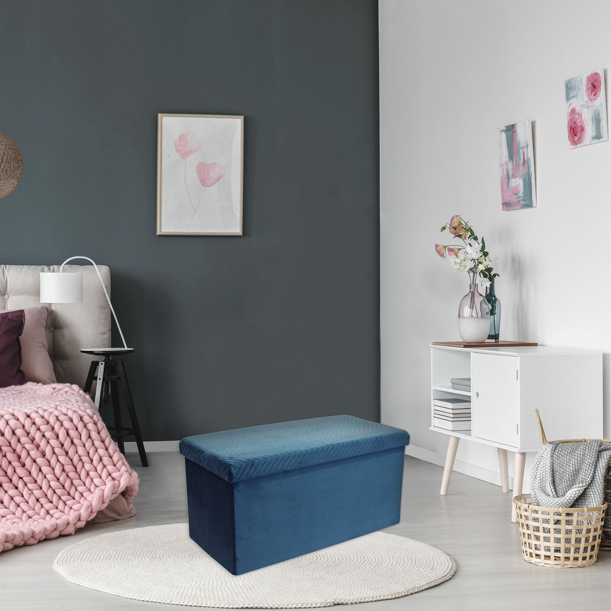 Coffre Banc Pliable Velours A Motif Bleu