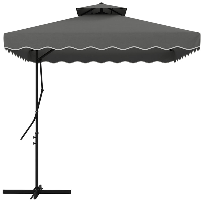 Sombrilla Terraza Exterior de 2,5 m Sombrilla Voladiza con Manivela Techo Doble con Borde Ondulado y Base Cruzada Parasol de Jardín para Exterior Patio Terraza Gris Oscuro