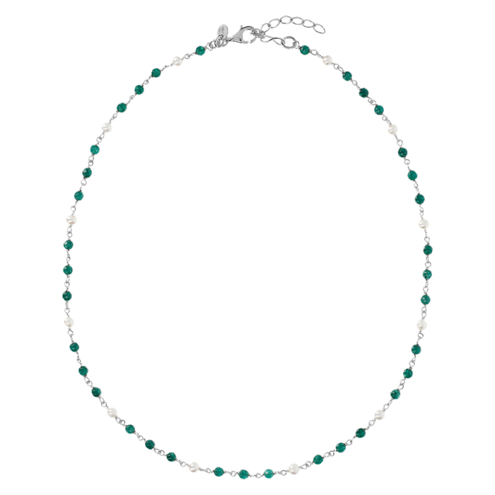 PERLAVIVA - Collana Rosario in Argento 925 placcato Oro Bianco 18Kt con Quarzo Verde e Perle Bianche d'Acqua Dolce Ø 4 mm