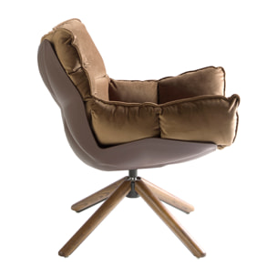 Sillón giratorio tapizado en tela aterciopelada en marrón con estructura de patas de madera en nogal 70x75x94cm