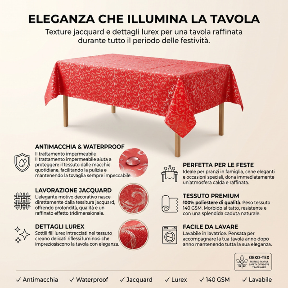 Tovaglia jacquard lurex in poliestere - ROSSO/ORO