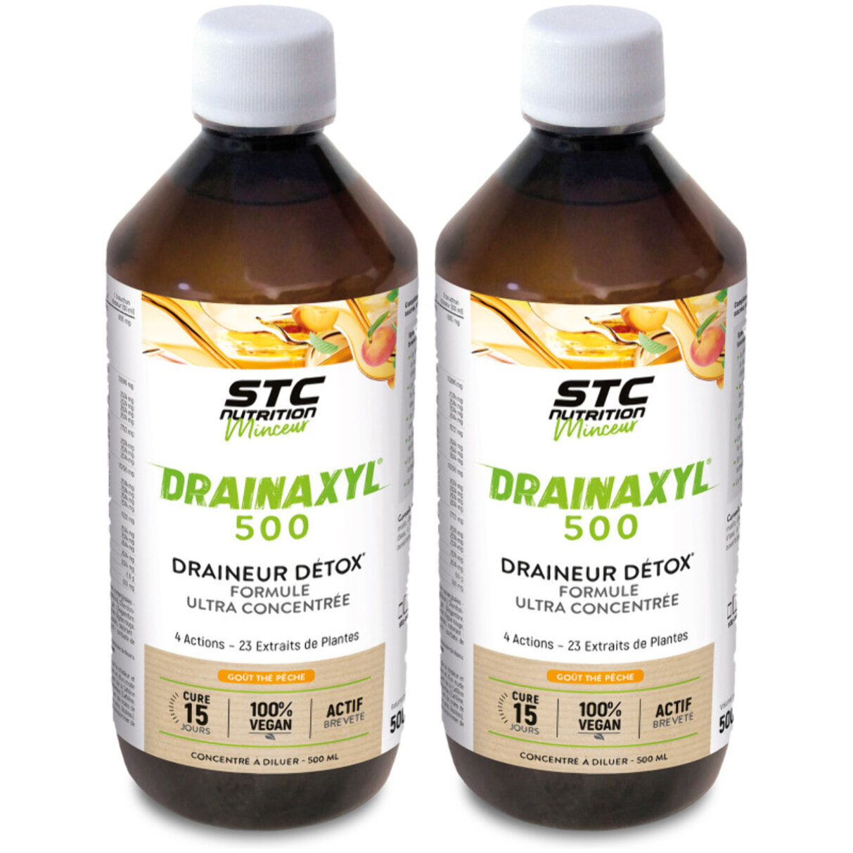 STC NUTRITION - Drainaxyl 500 - 4 actions : Brûle-graisses, Digestion ventre plat, Circulation jambes légères, Drainant, Détoxifiant - 23 Extraits de plantes dont Elim'Real® - Goût thé pêche - 500ml - Lot de 2