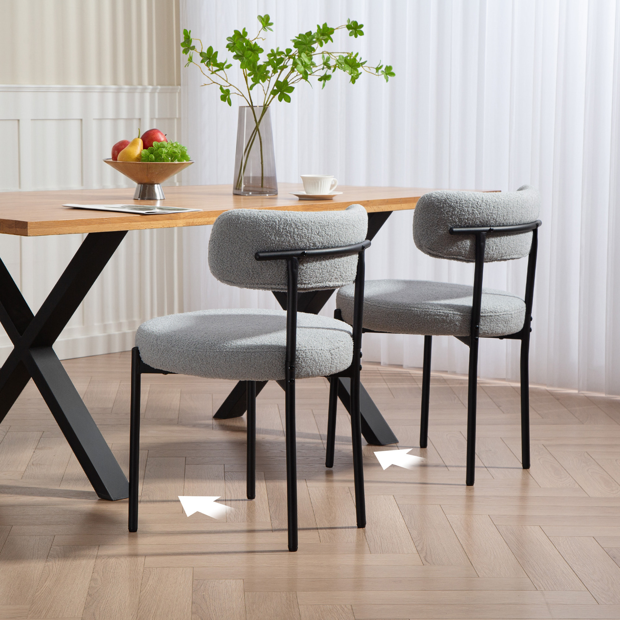 Lot de 2 chaises de salon style néo-rétro - assise ronde, dossier enveloppant - acier noir effet laine bouclée gris