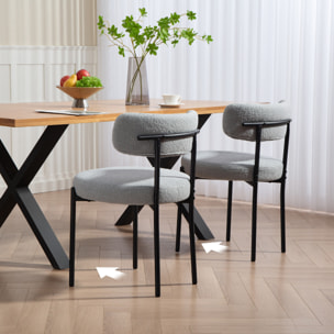 Lot de 2 chaises de salon style néo-rétro - assise ronde, dossier enveloppant - acier noir effet laine bouclée gris