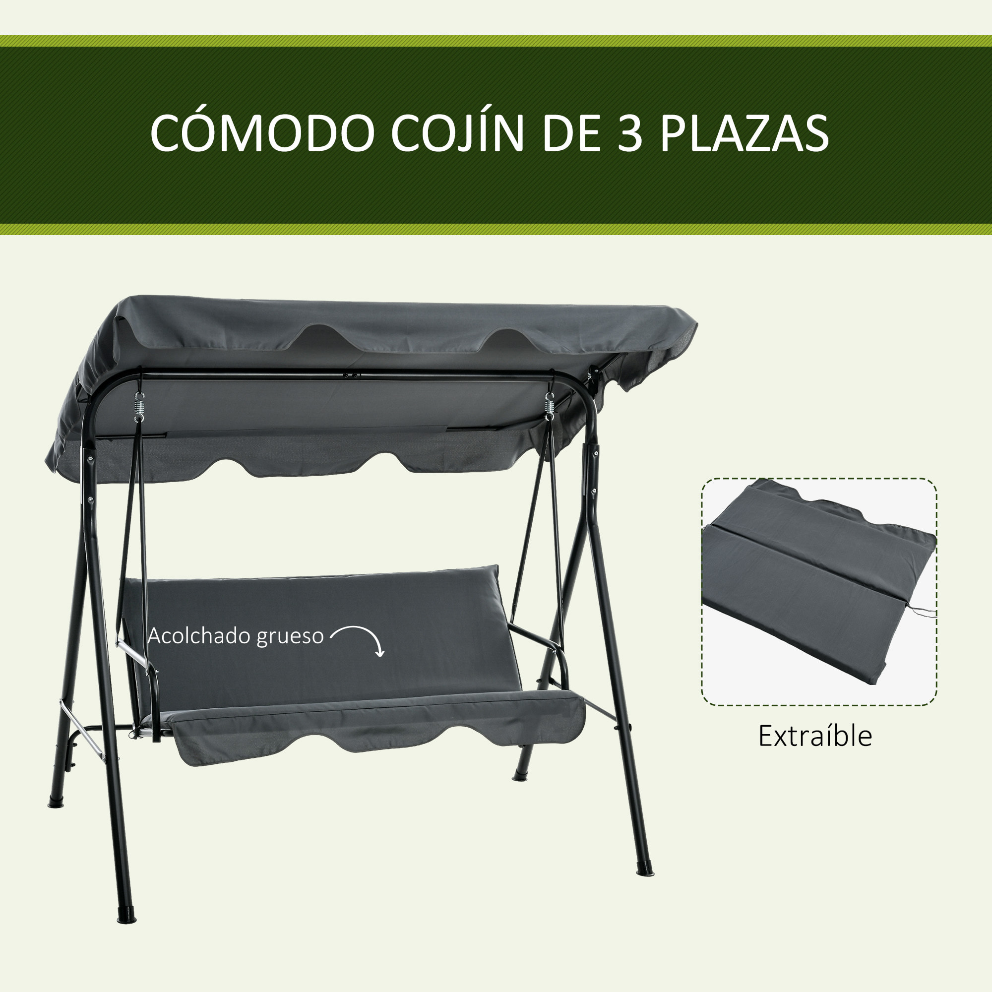 Columpio Balancín de Jardín Exterior de 3 Plazas con Cojín Techo Ajustable y Marco de Acero para Balcón Terraza Patio Carga Máx. 240 kg 172x110x153 cm Gris