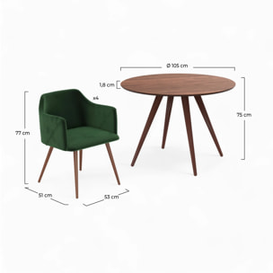 Table et chaises 4 personnes en velours vert et bois - Liwa