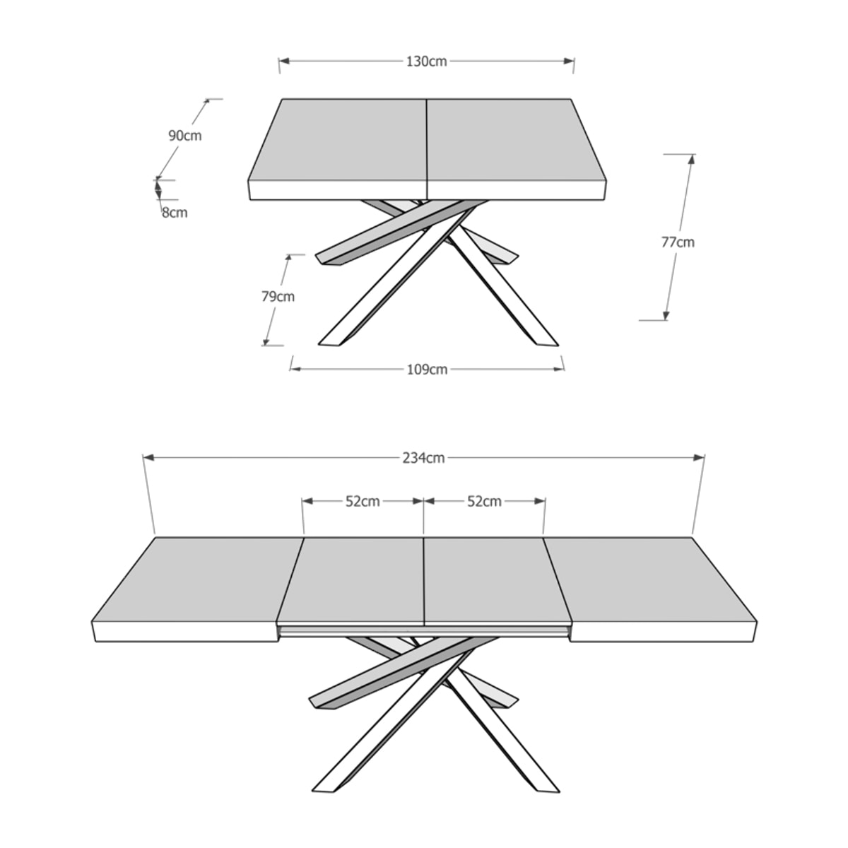 Tavolo allungabile 90x130/234 cm Volantis cemento telaio bianco