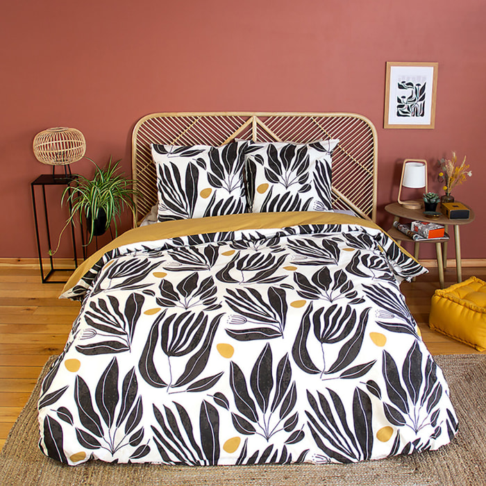 Parure de lit. 100% coton motif feuillage - blanc et jaune moutarde