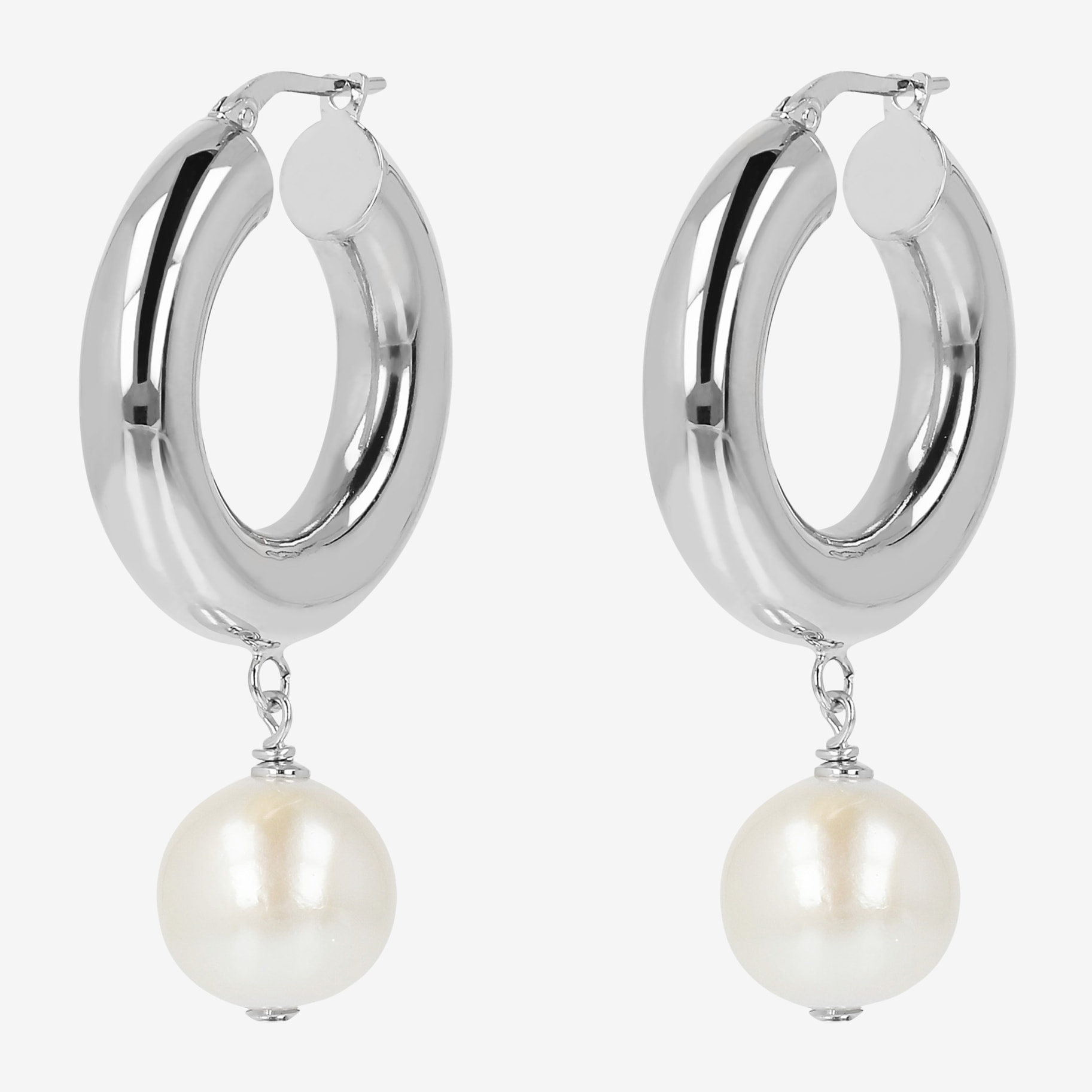 Orecchini a Cerchio con Perle Ming d'Acqua Dolce Bianche Ø 12/13 mm in Argento 925 placcato Oro bianco 18Kt