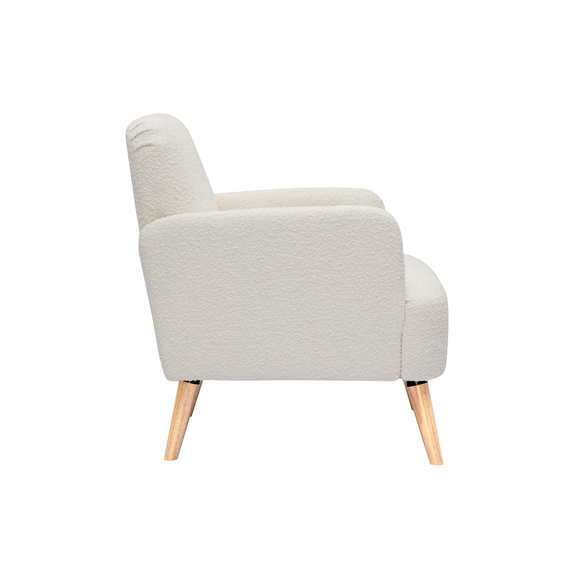 Fauteuil scandinave en tissu effet laine bouclée blanc cassé et bois clair ISKO