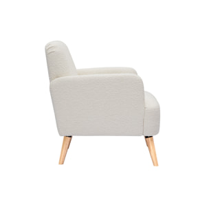 Fauteuil scandinave en tissu effet laine bouclée blanc cassé et bois clair ISKO