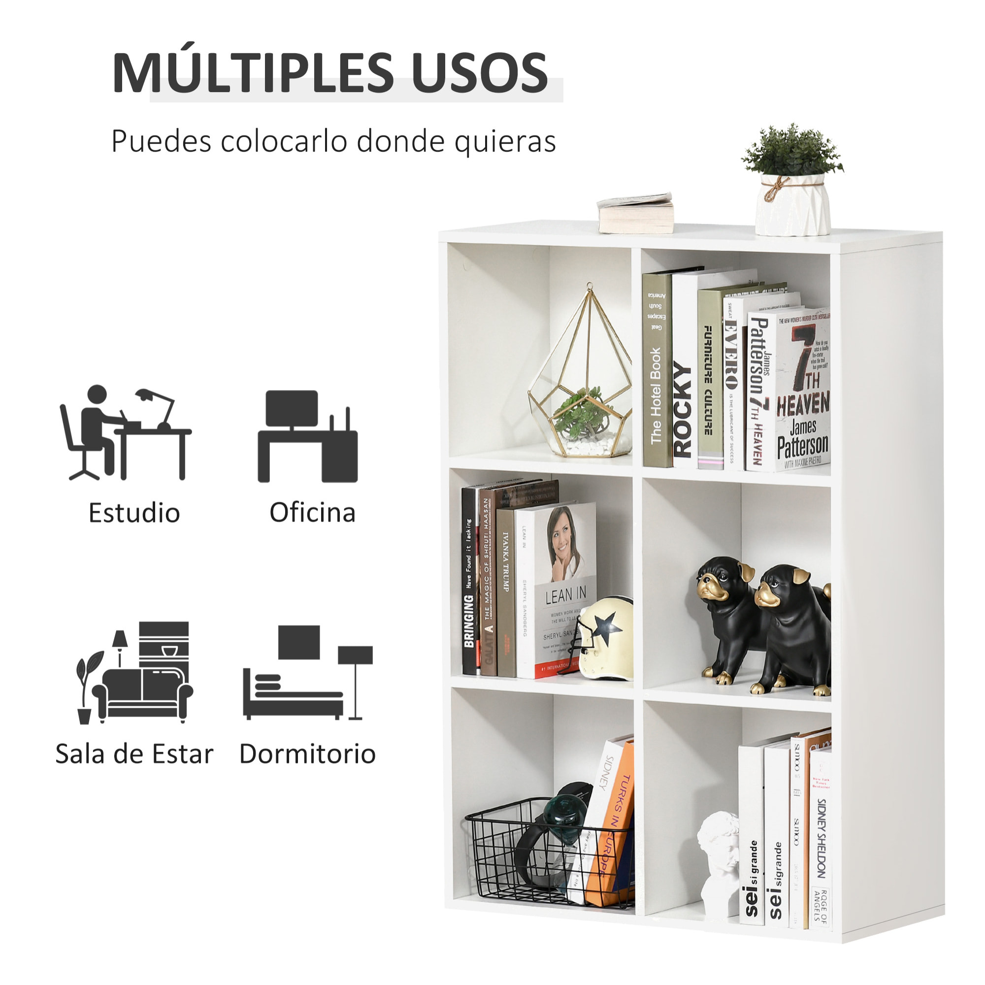 Estantería para Libros Estantes de Madera de 3 Niveles con 6 Cubos de Almacenaje para Sala de Estar Dormitorio Oficina 65,5x30x97,5 cm Blanco