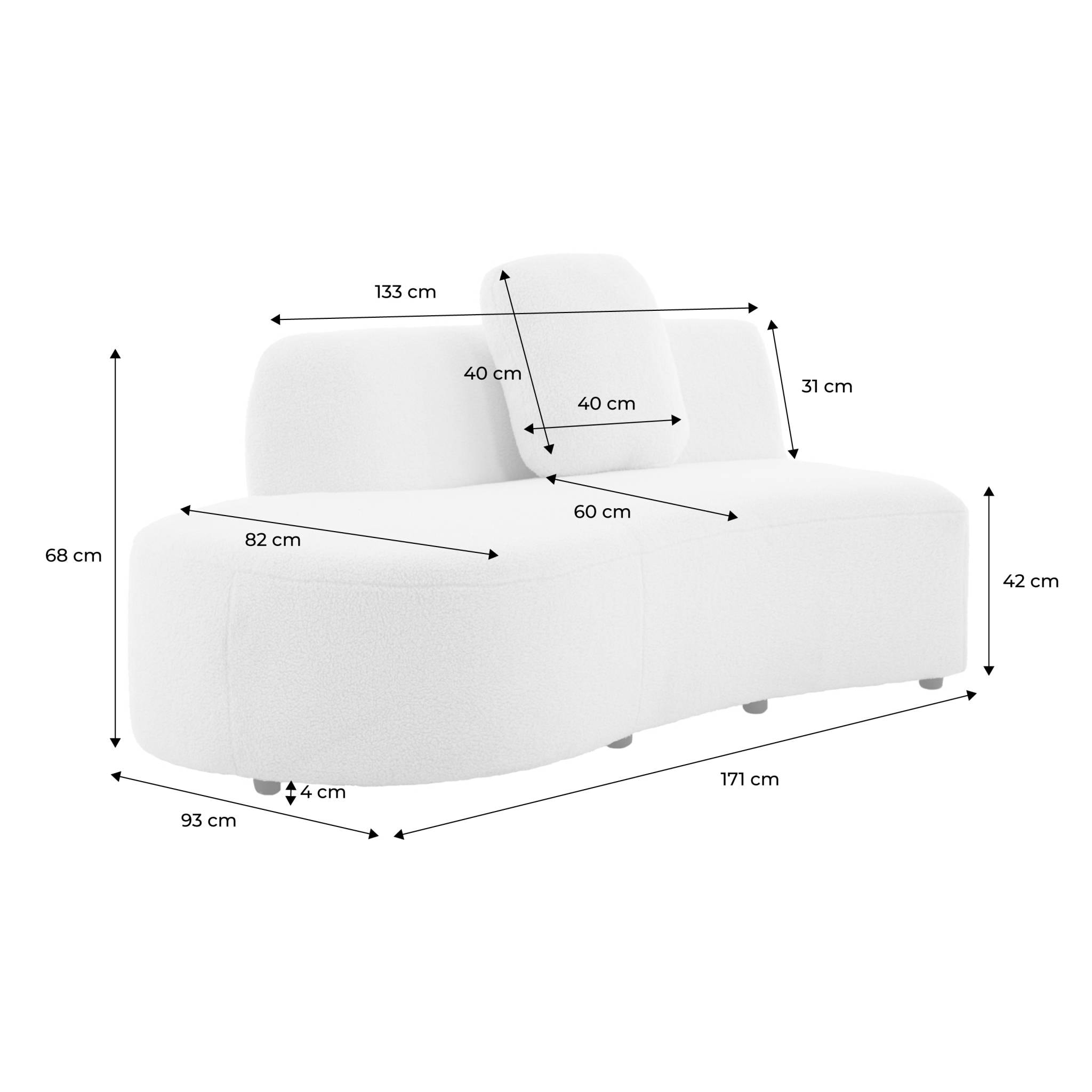 Canapé virgule organique gauche 2-3 places bouclette blanche  L 171 x P 93 x H 68cm - Wave