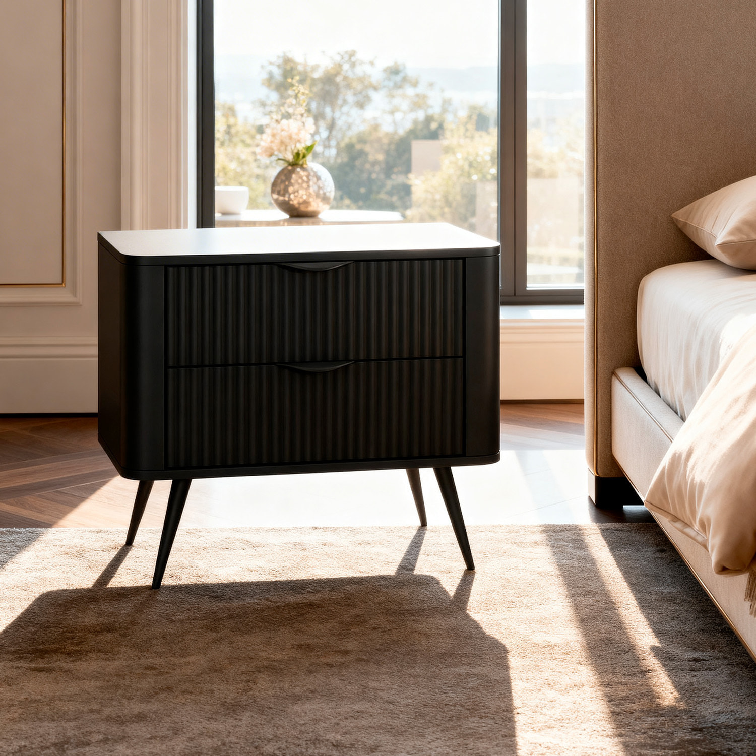 Comodino Moderno Elegante Con 2 Cassetti Capienti e Piedini Alti Camera Da Letto 63.2 x 38 x 55.3 cm Nero