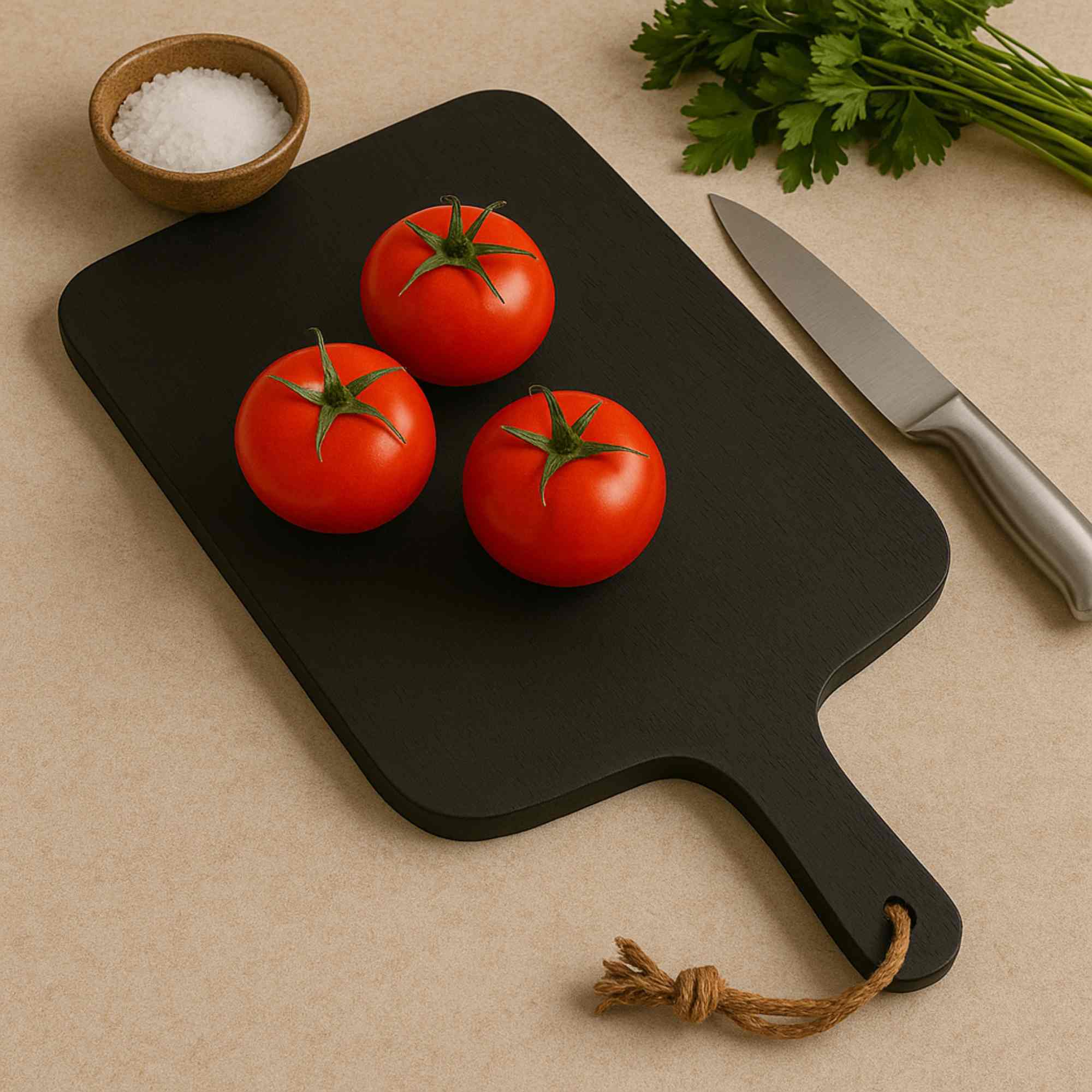 Tabla de cortar de madera de caucho con mango y color negro 58x28x2cm