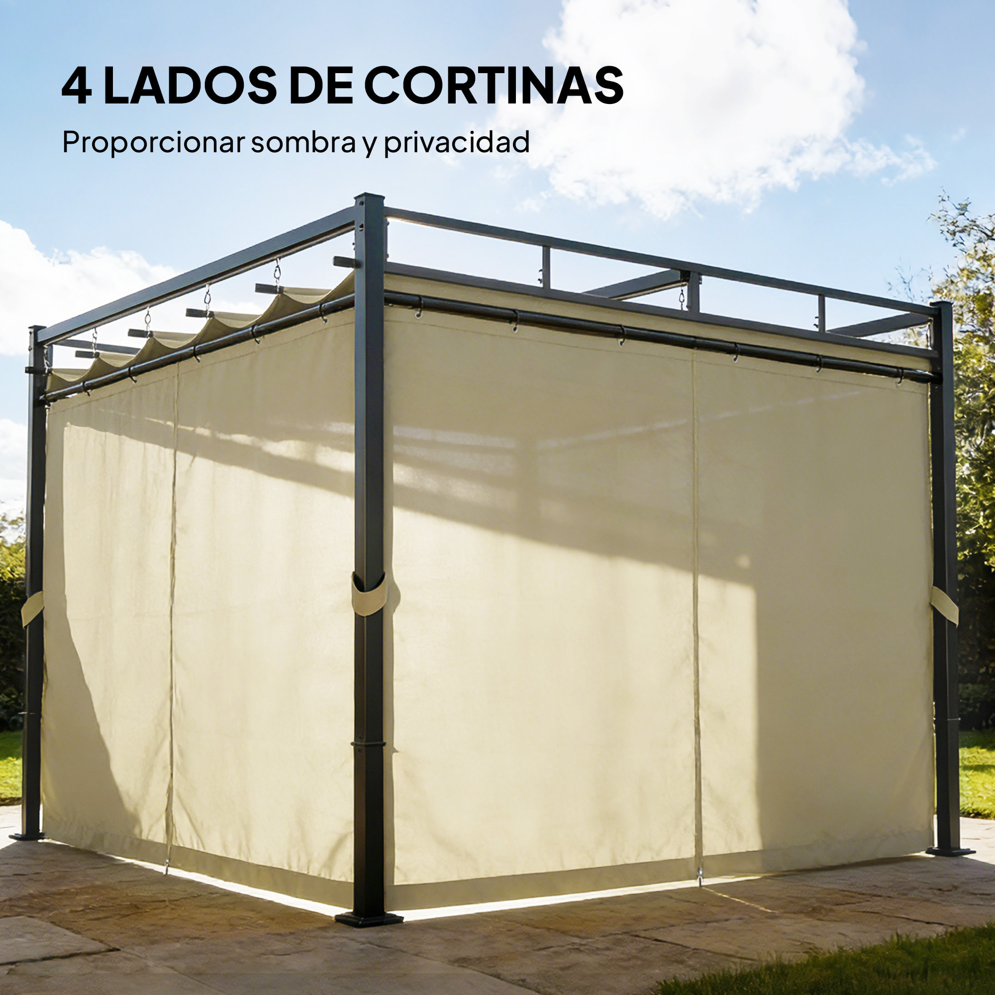 Pérgola de Jardín 3x3 m con Techo Retráctil y 4 Cortinas, Cenador de Jardín con Protección UV30+, Impermeable, Estructura Metálica, Pabellón para Patio, Terraza, Exterior, Beige