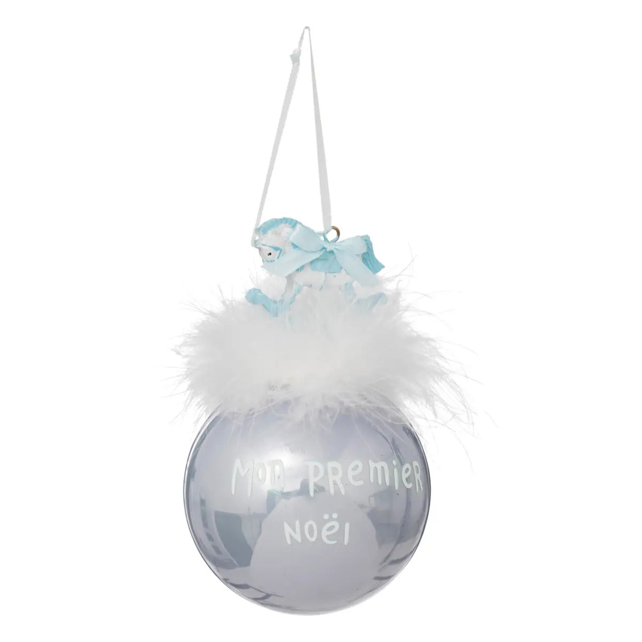 Boule de Noël Mon Premier Père Noël + Cheval 90mm bleu en verre