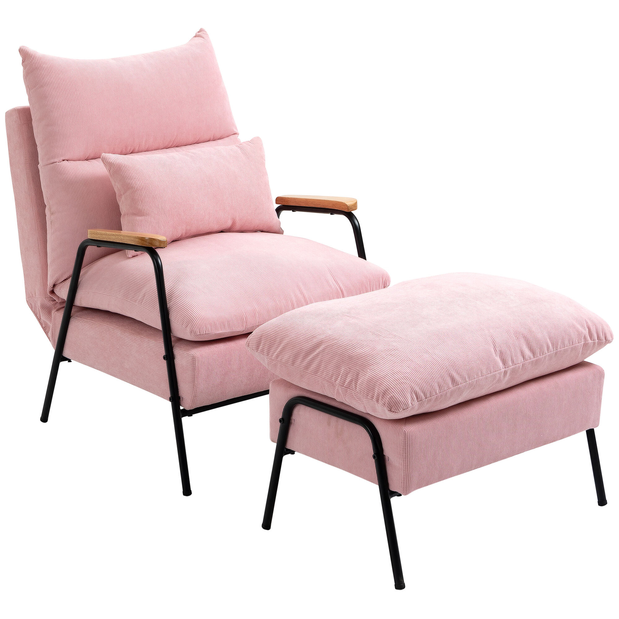 Sillón Relax con Reposapiés Sillón Reclinable con Respaldo Ajustable Tapizado en Pana Marco de Acero y Cojines para Salón Dormitorio 68x91,5x88 cm Rosa