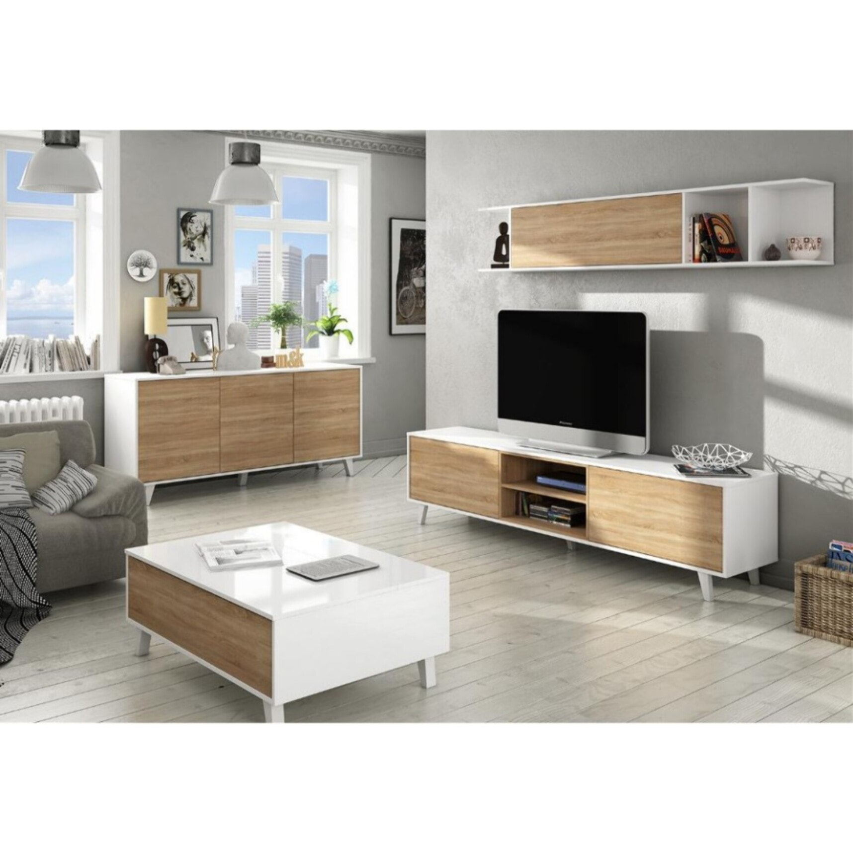 Parete attrezzata Buffalo, Mobile da soggiorno porta TV, Composizione per salotto con pensile, cm 180x41h51, Bianco e Rovere