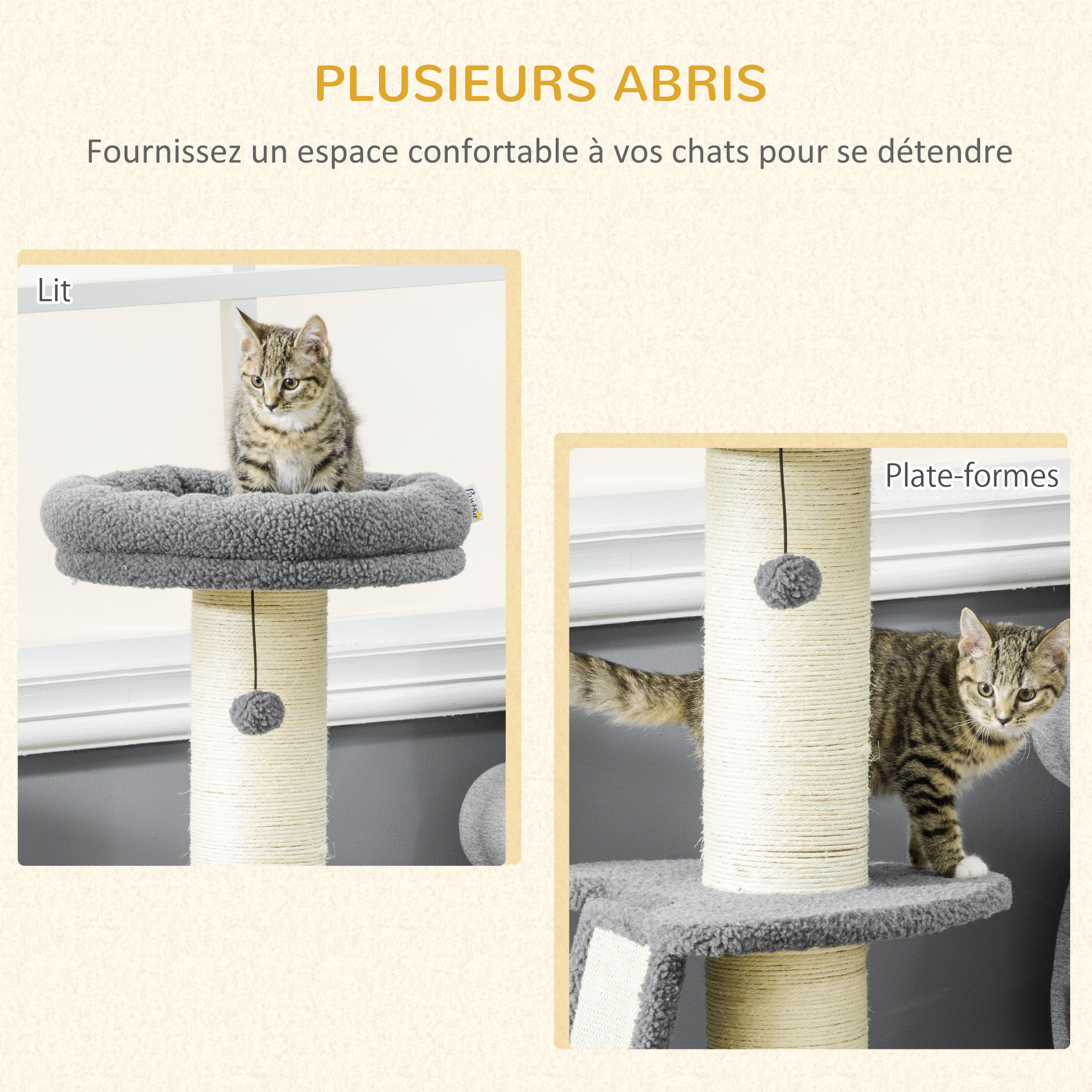 Arbre à chat 3 griffoirs grattoirs sisal naturel plateforme panier 2 boules suspendues peluche haute densité 220 g/m² gris