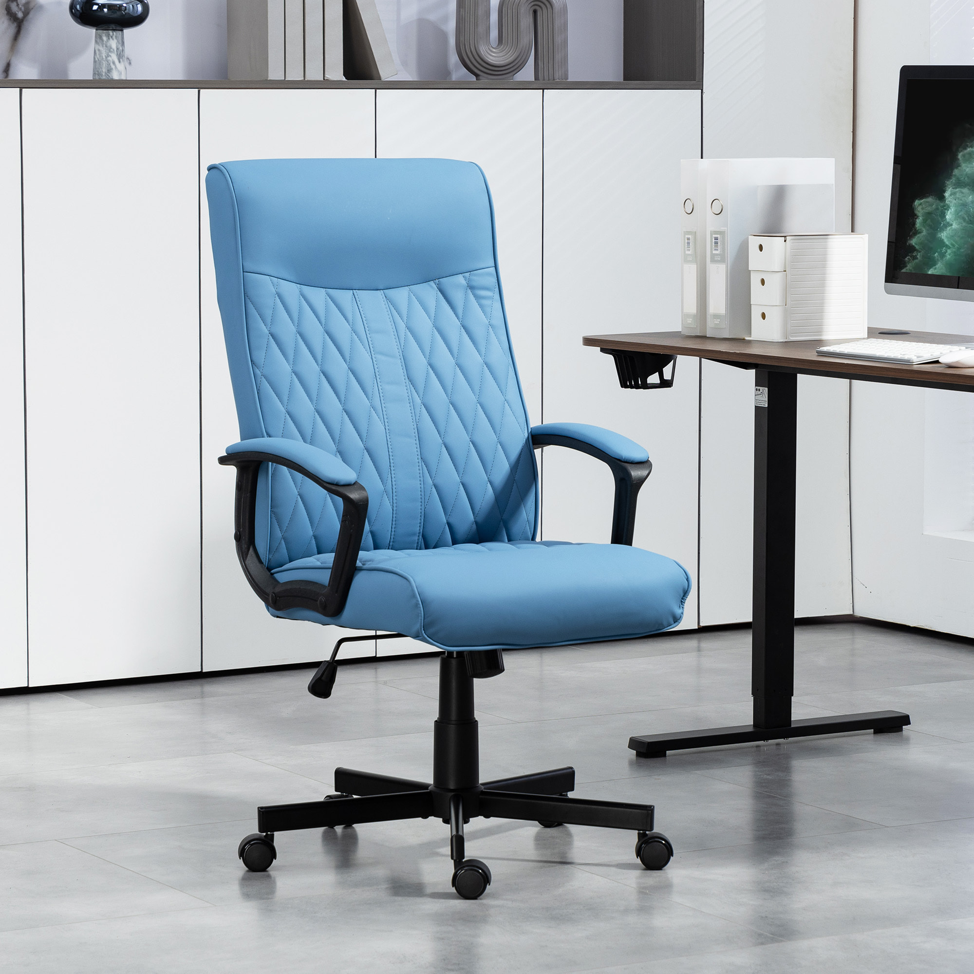 Silla de Oficina Giratoria Silla de Escritorio Basculante Tapizado en PU con Respaldo Alto y Altura Ajustable para Salón Oficina Carga 120 kg 65x72x102-112,5 cm Azul