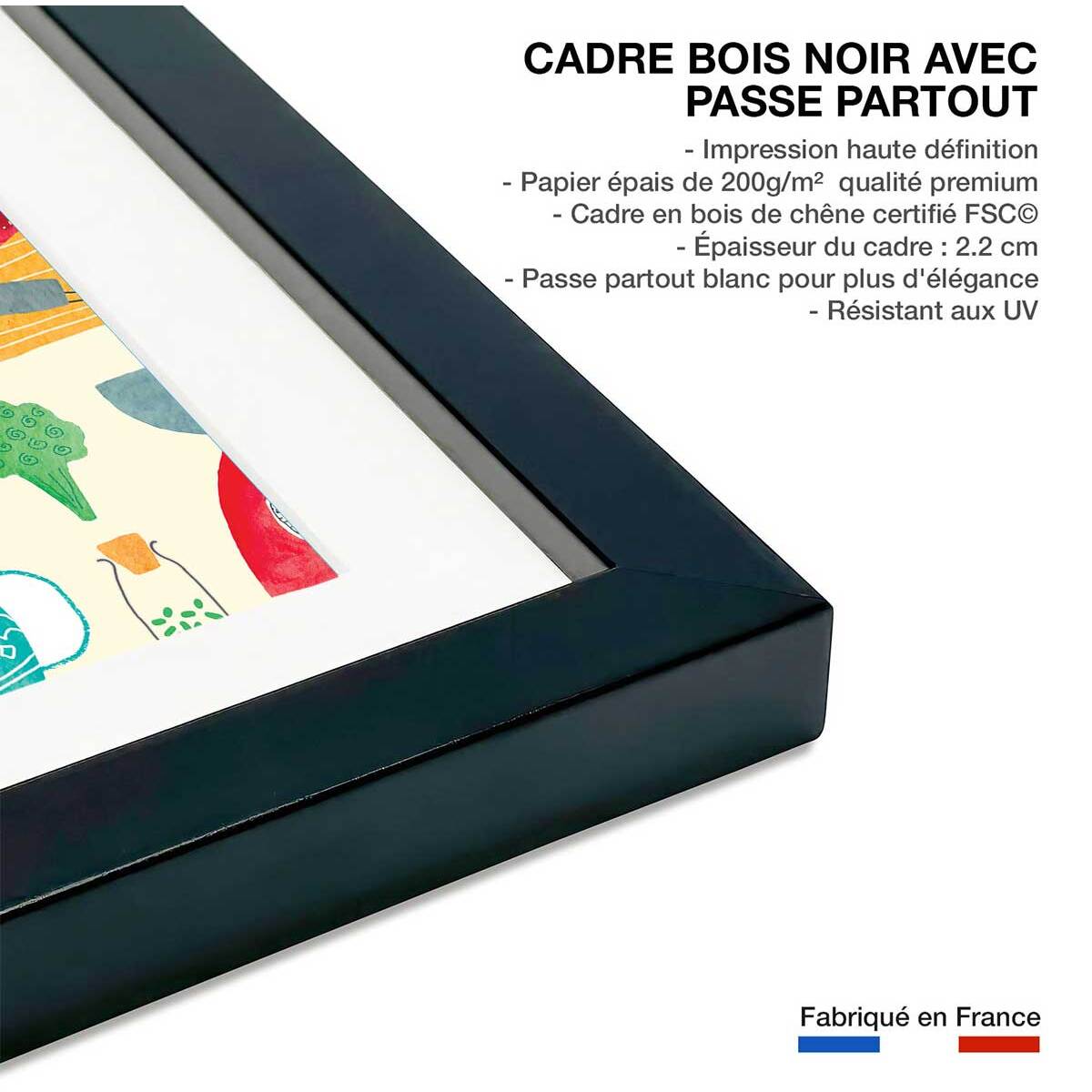 Affiche cuisine set de vaisselle Affiche + cadre en bois - Noir