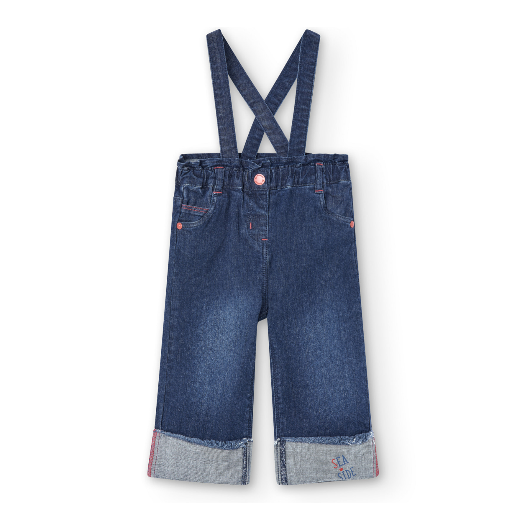 Pantalón elástico niña liso, azul, cierre de corchete