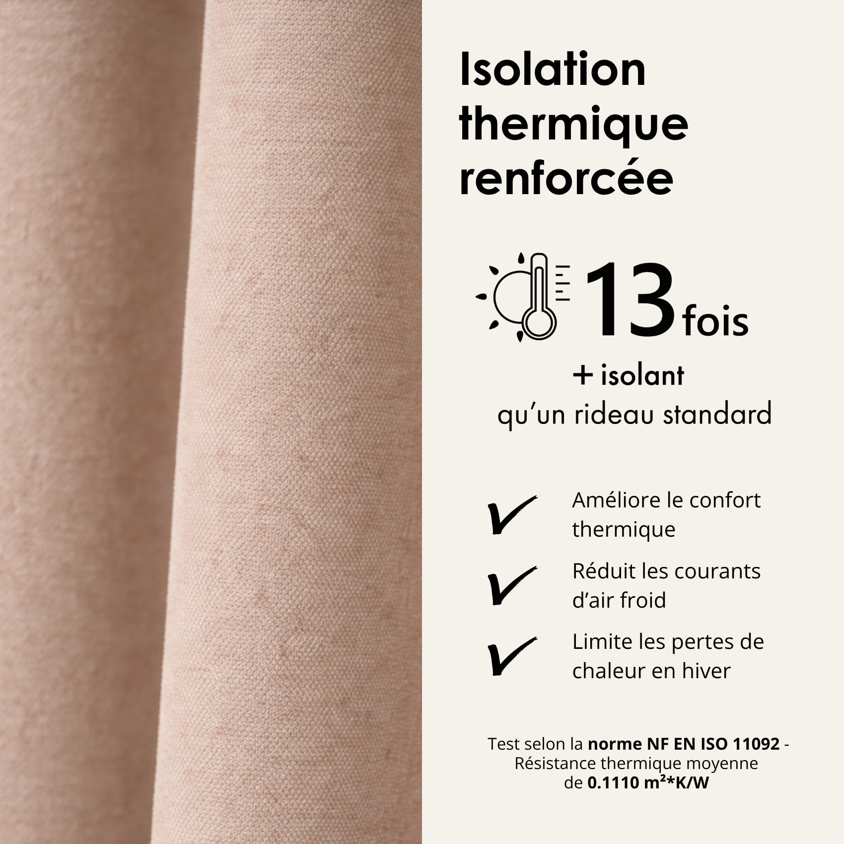 Rideau thermique phonique et semi occultant à galons fronceurs KONFOR - Beige