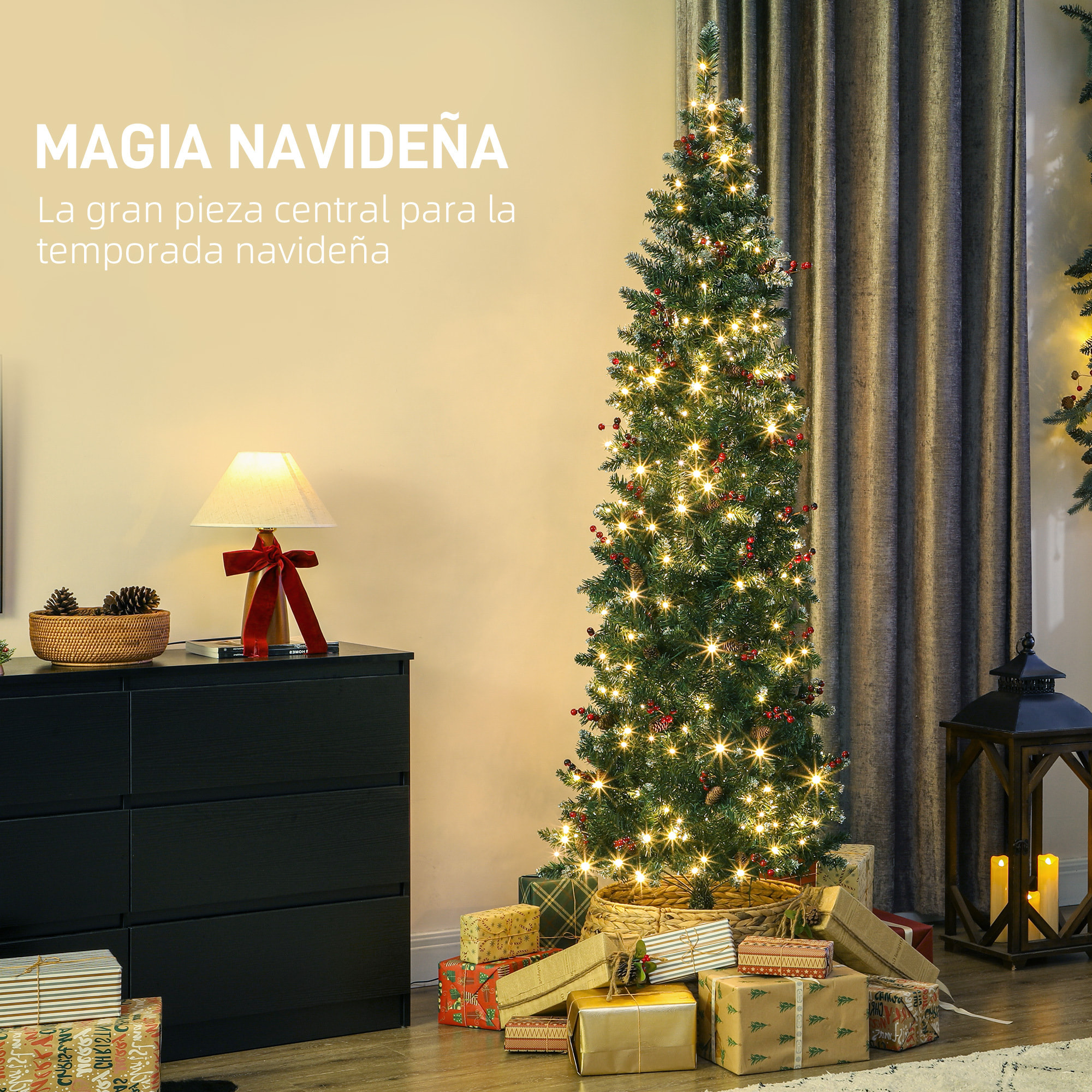 Árbol de Navidad Estrecho 210 cm, Árbol de Navidad con Luces LED, 8 Modos de Iluminación, Ramas con Purpurina Plateada, Piñas, Bayas y Soporte Metálico, Verde